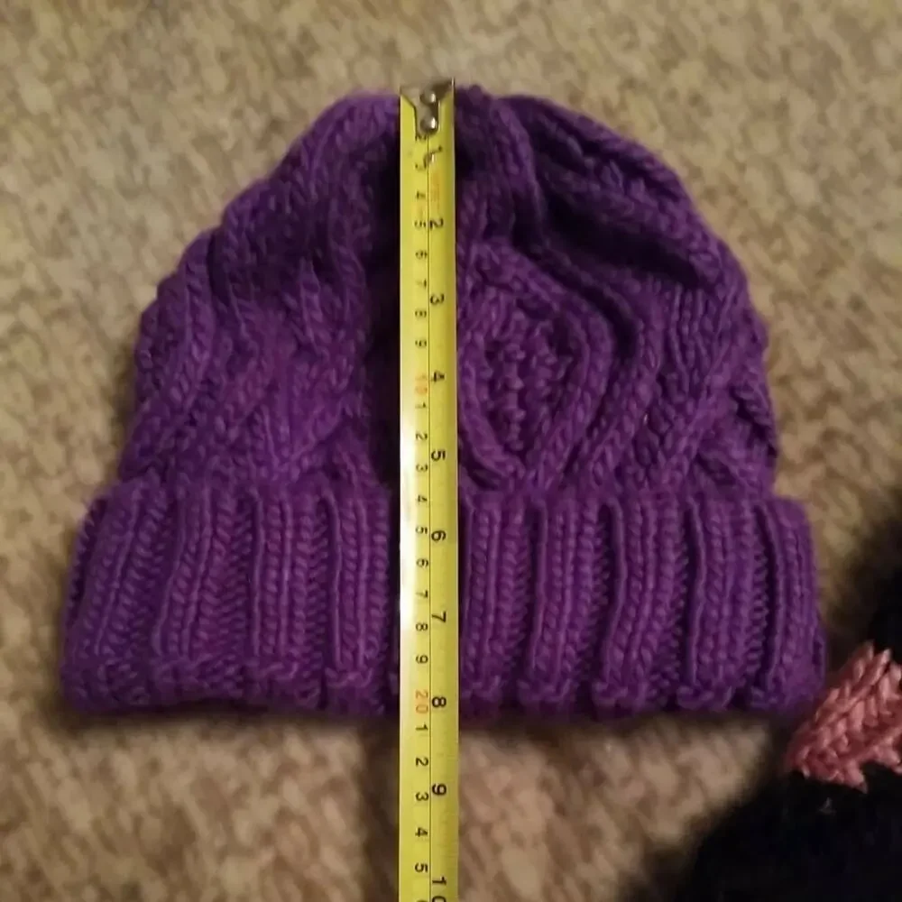 Naf Naf (2) two Women Hats Cable Knit Wool Blend Black Coral Purple One size EUC